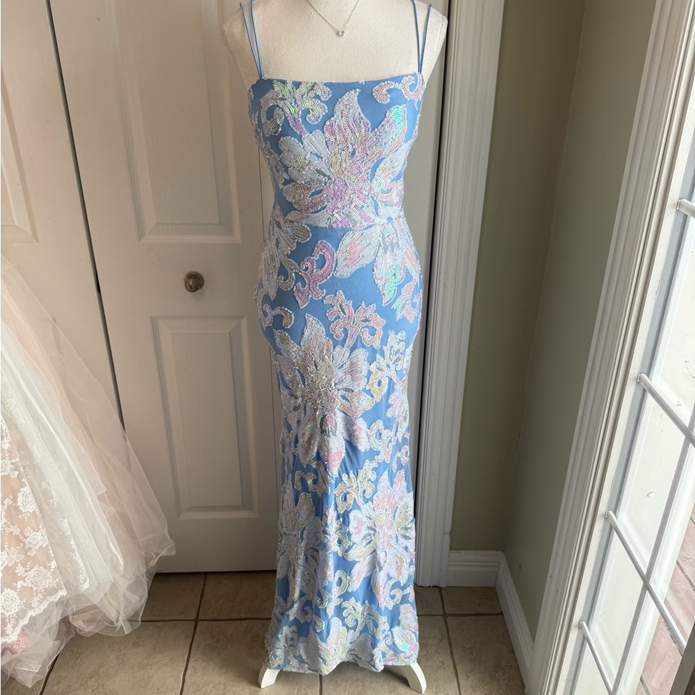 B Darlin Light Blue and Pink Floral Maxi Dress